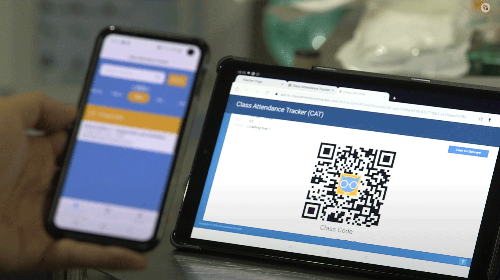 CATQR mobile app scanning a class QR code with the attendance record showing immediately on the app and administrator analytics.